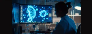 a researcher sits in front of a computer screen, analyzing data on various speech synthesis techniques for ai.